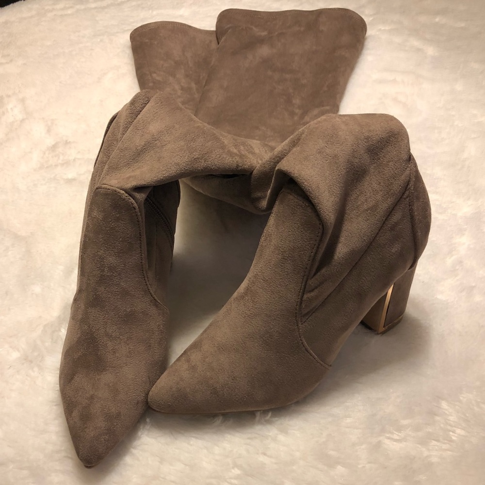 Bamboo Taupe w/Gold Trim Over The Knee Boots - Picture 2 of 5